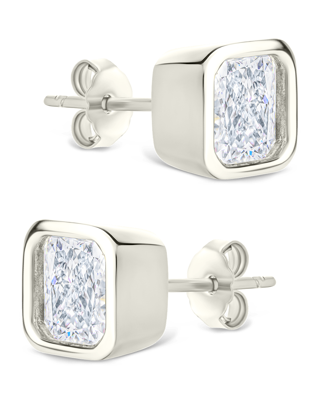Sterling Silver Asscher Cut Bezel Set Stud Earrings