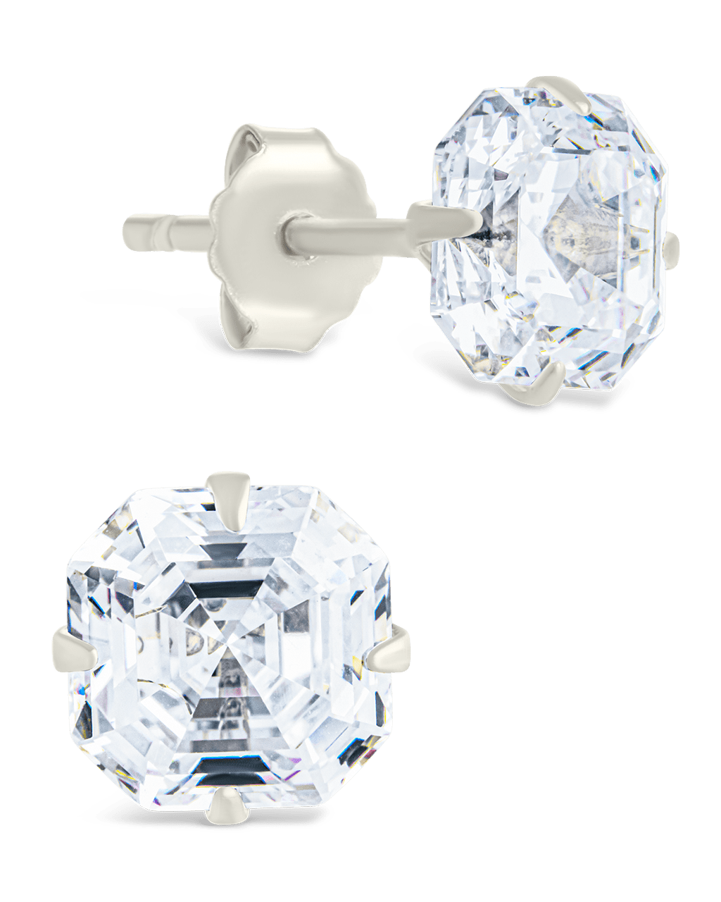 Sterling Silver Asscher Cut Prong Set Stud Earrings