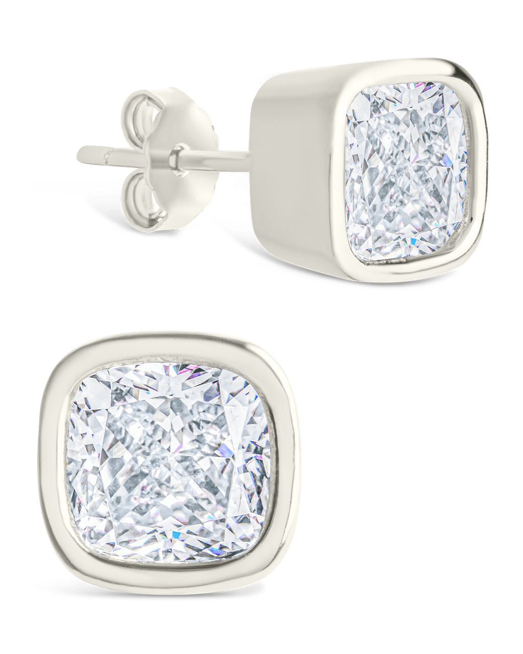Sterling Silver Cushion Cut Bezel Set Stud Earrings