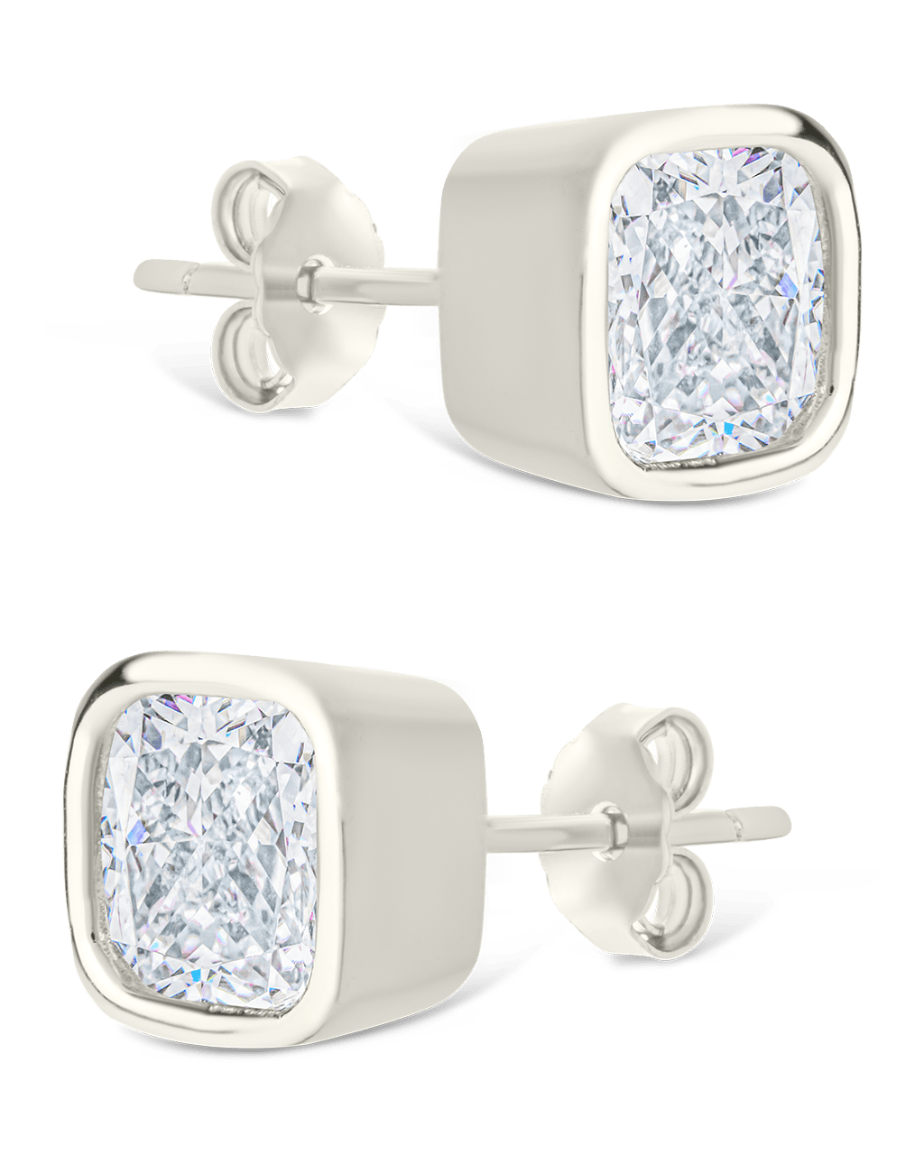 Sterling Silver Cushion Cut Bezel Set Stud Earrings