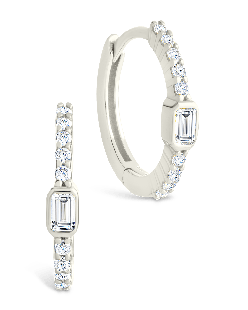 Sterling Silver Emerald Cut Bezel Set Huggie Hoop Earrings