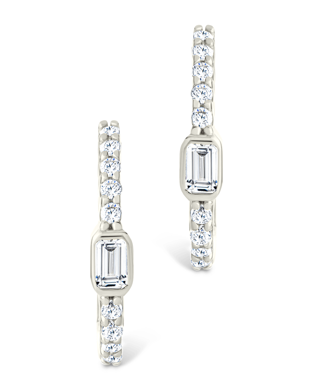 Sterling Silver Emerald Cut Bezel Set Huggie Hoop Earrings