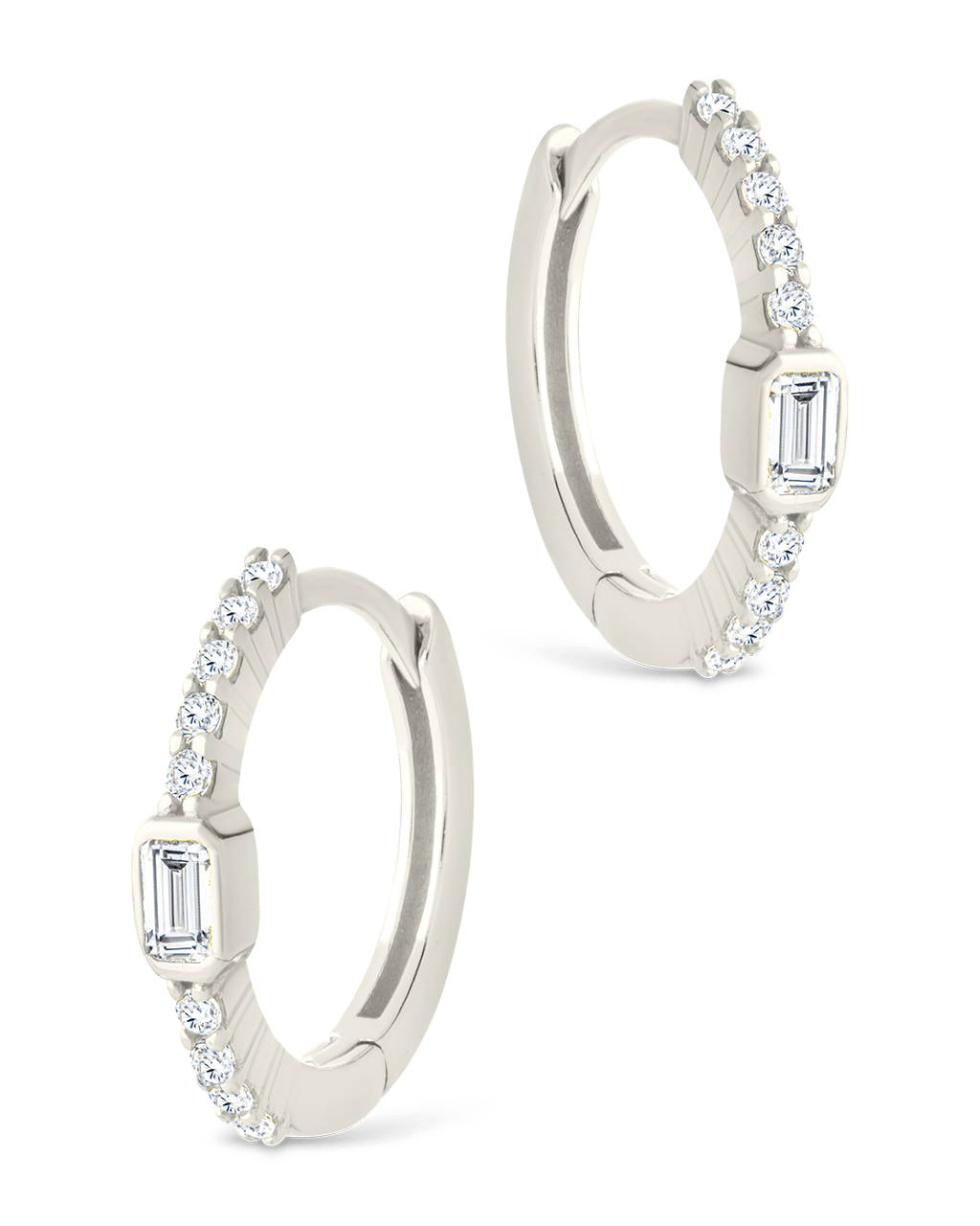 Sterling Silver Emerald Cut Bezel Set Huggie Hoop Earrings