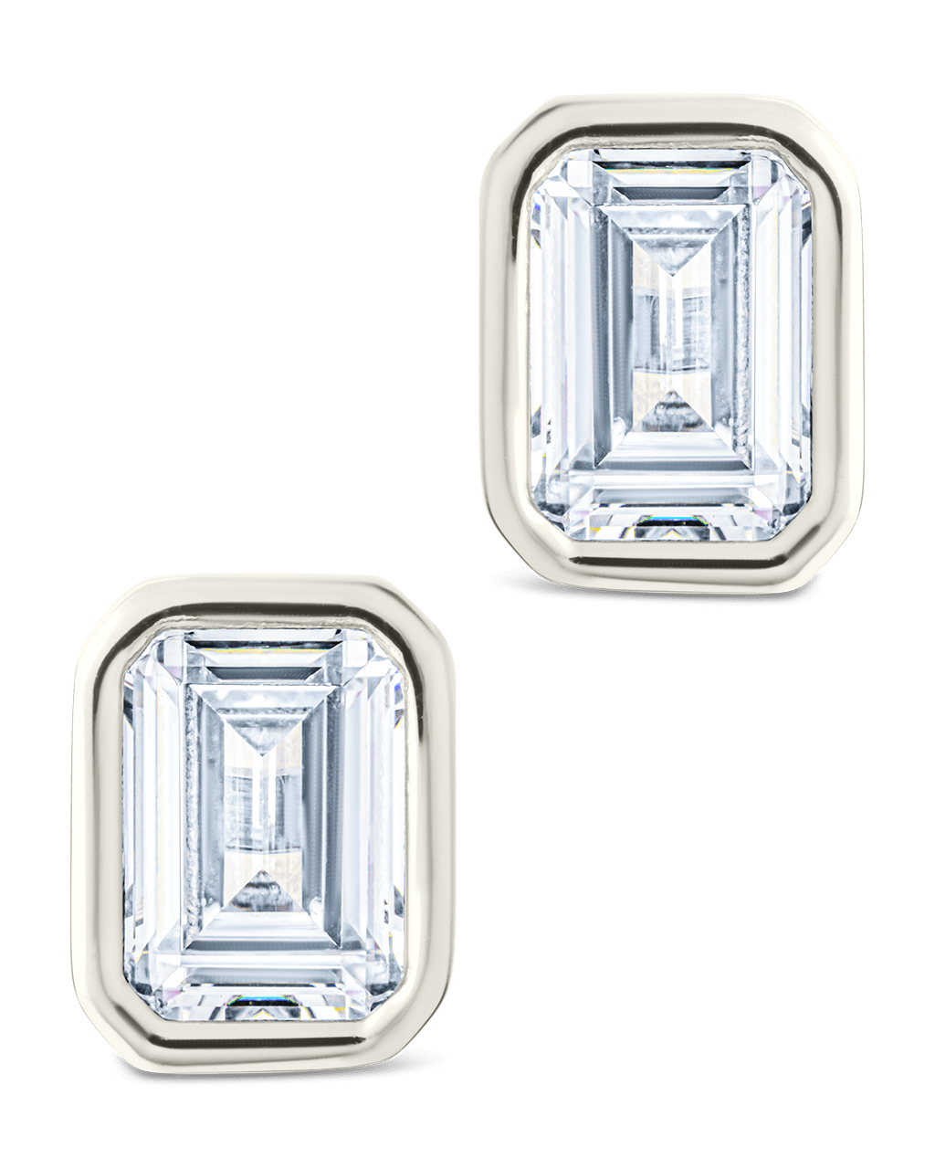 Sterling Silver Emerald Cut Bezel Set Stud Earrings