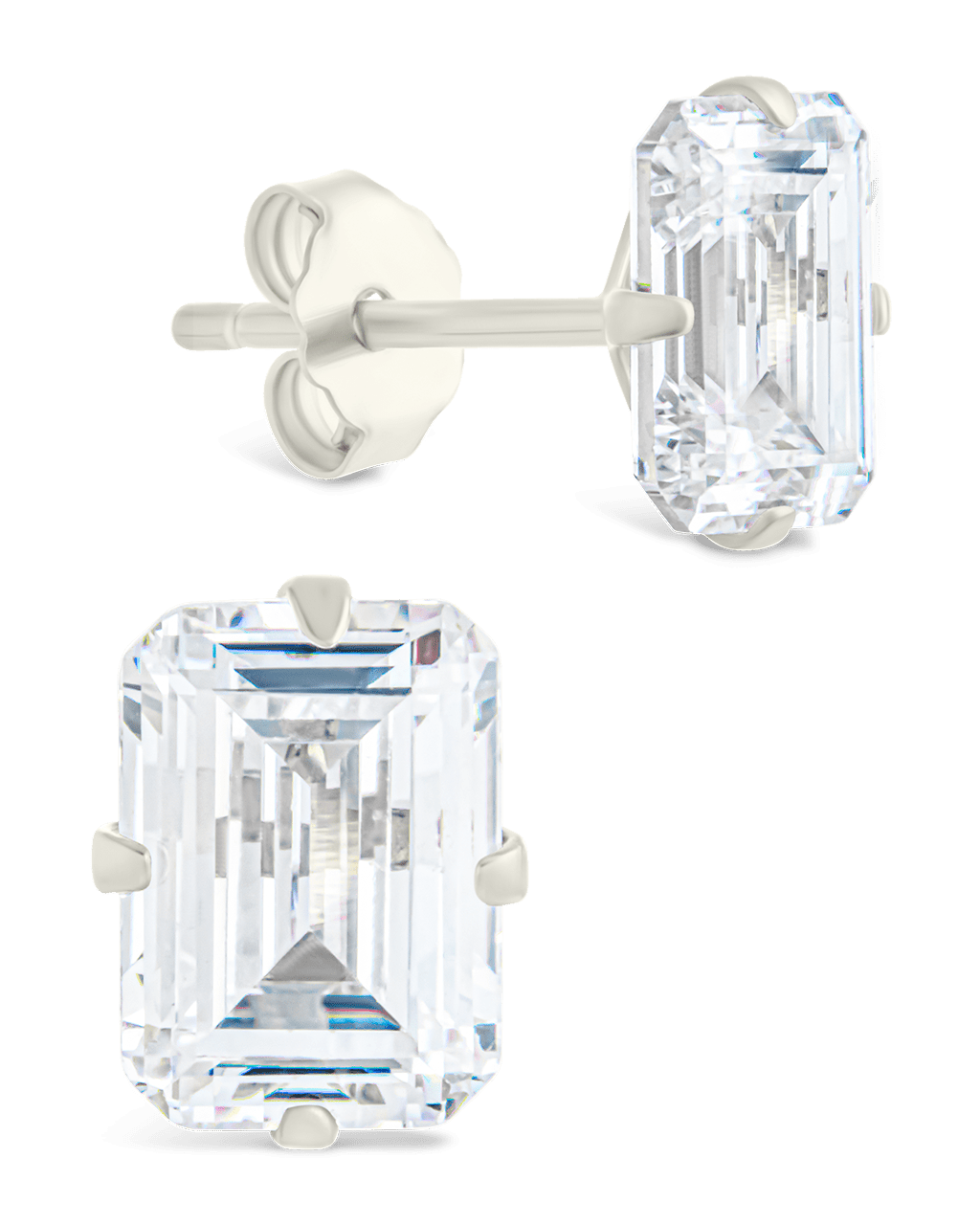 Sterling Silver Emerald Cut Prong Set Stud Earrings