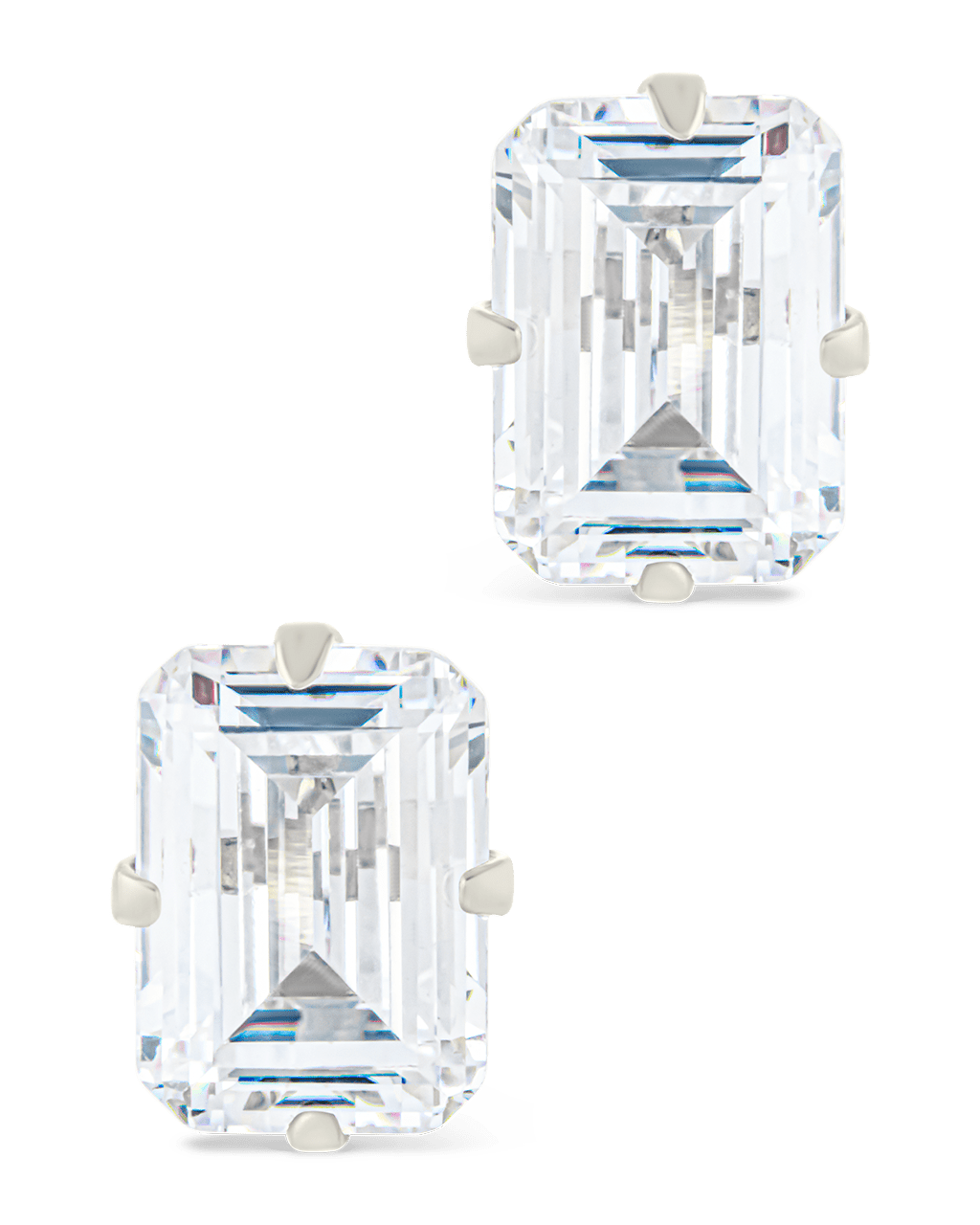 Sterling Silver Emerald Cut Prong Set Stud Earrings