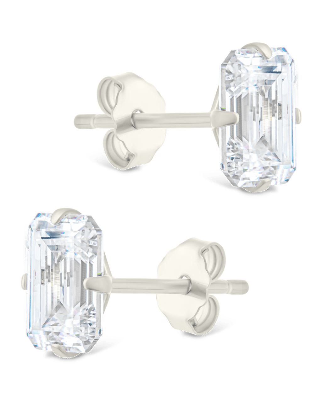 Sterling Silver Emerald Cut Prong Set Stud Earrings