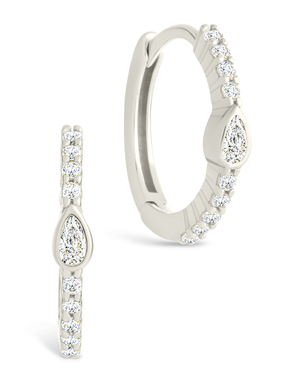 Sterling Silver Pear Cut Bezel Set Huggie Hoop Earrings