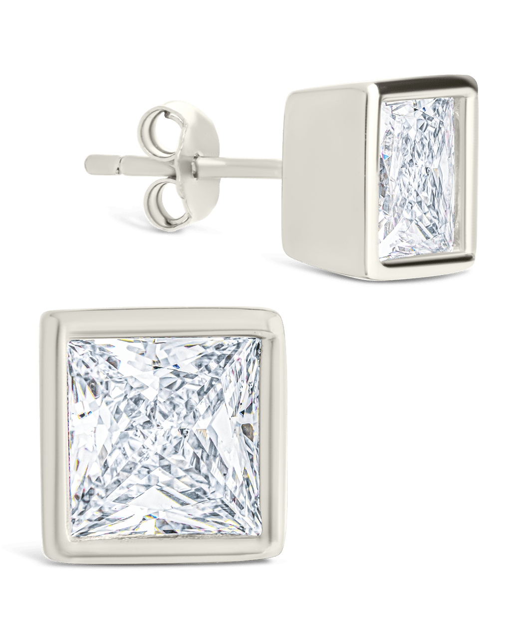 Sterling Silver Princess Cut Bezel Set Stud Earrings