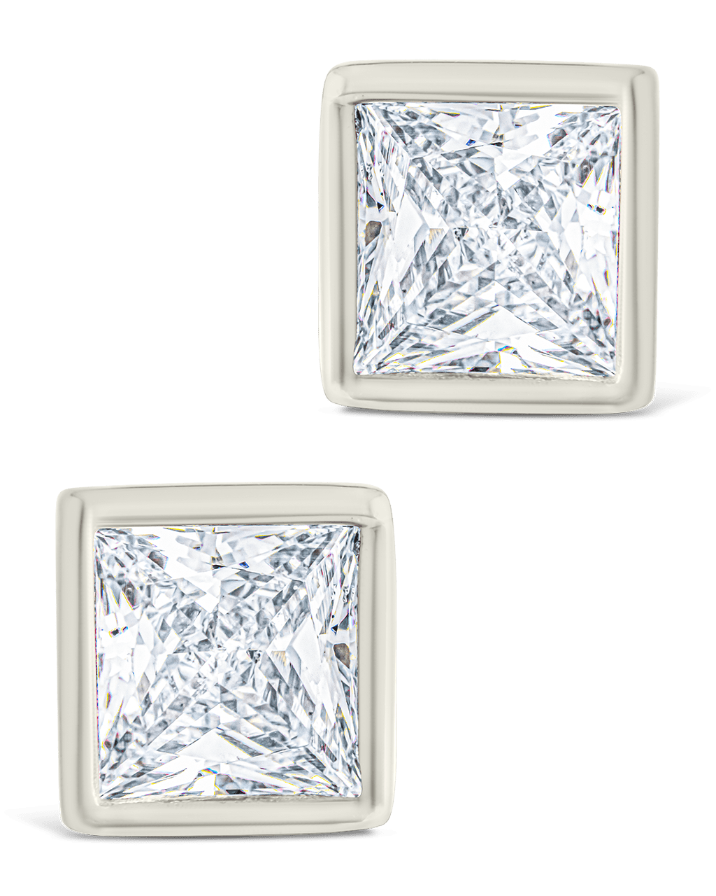 Sterling Silver Princess Cut Bezel Set Stud Earrings