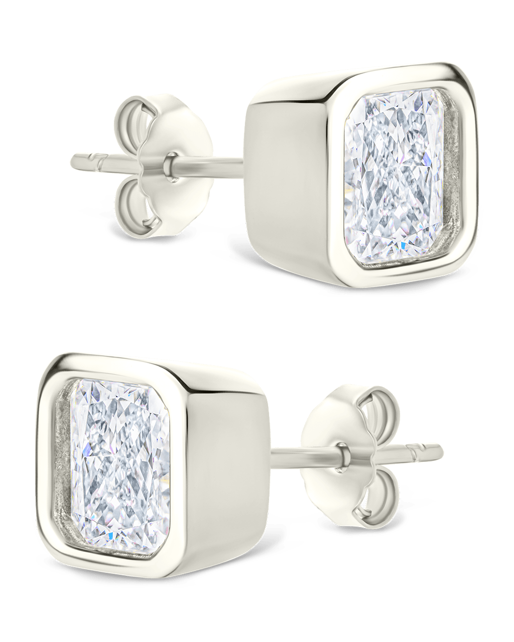 Sterling Silver Radiant Cut Bezel Set Stud Earrings