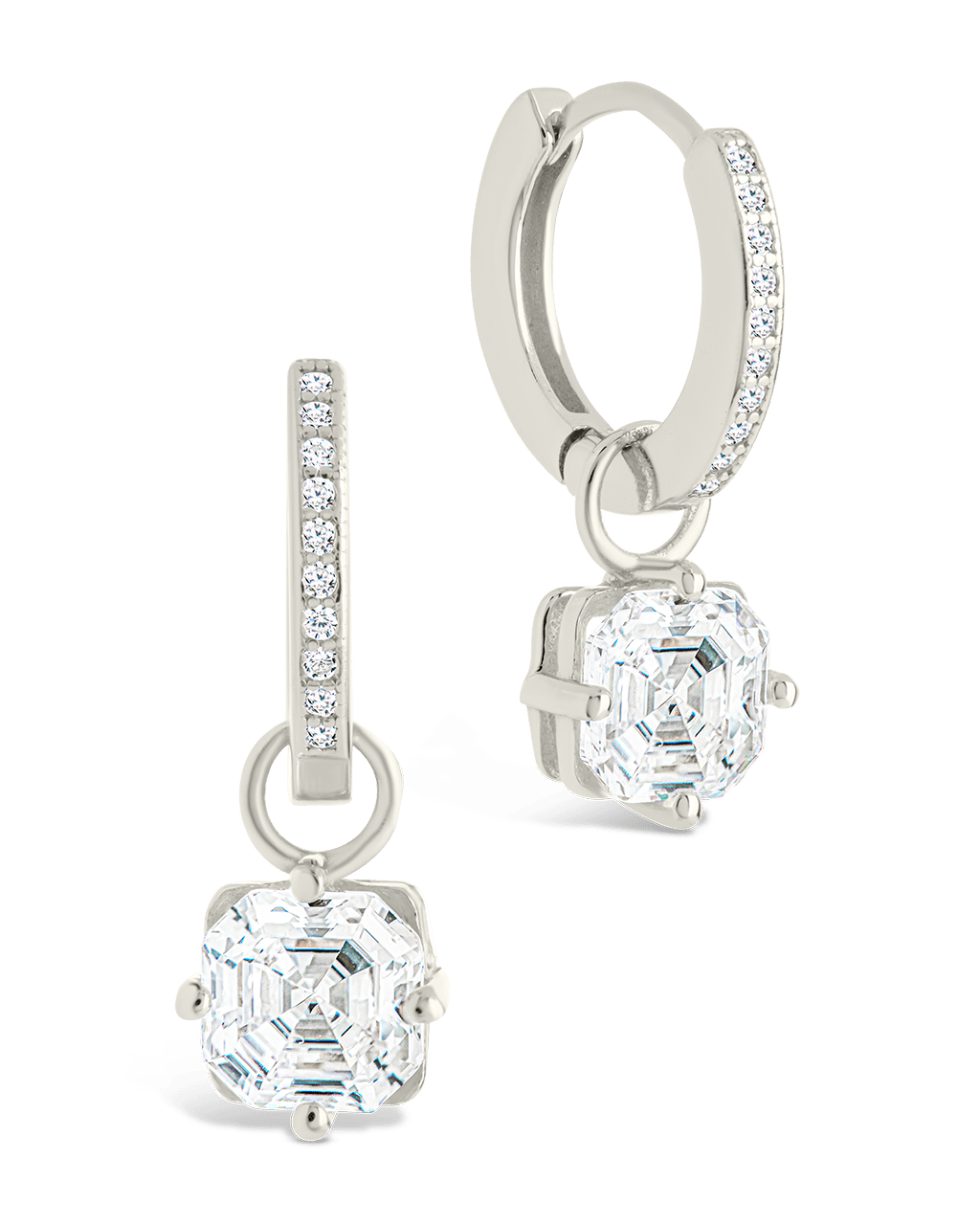 Sterling Silver Augusta Asscher Cut CZ Dangle Micro Hoops