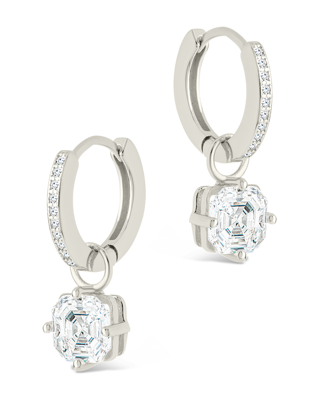 Sterling Silver Augusta Asscher Cut CZ Dangle Micro Hoops