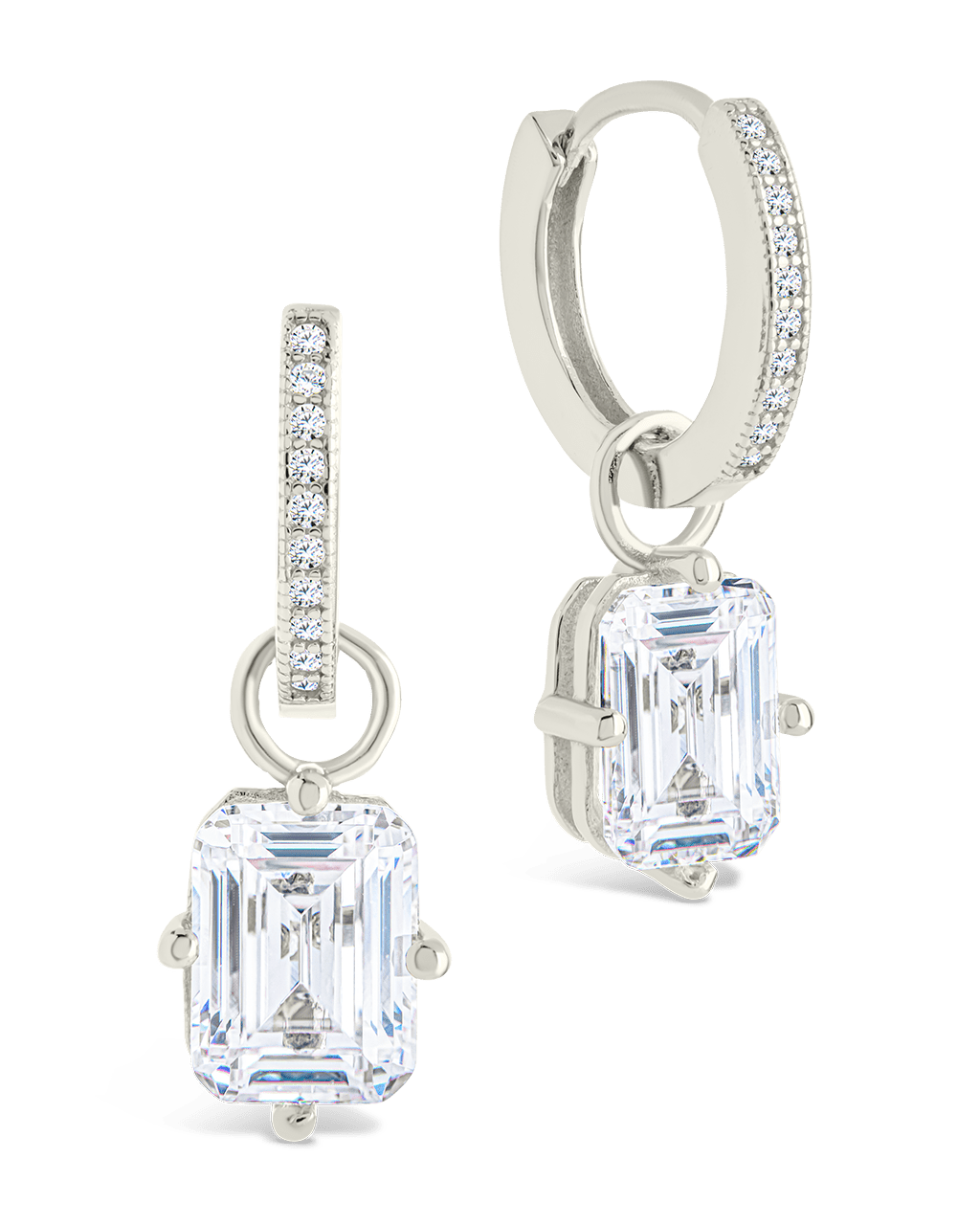 Sterling Silver Emerald Cut CZ Micro Hoop Dangle Earrings