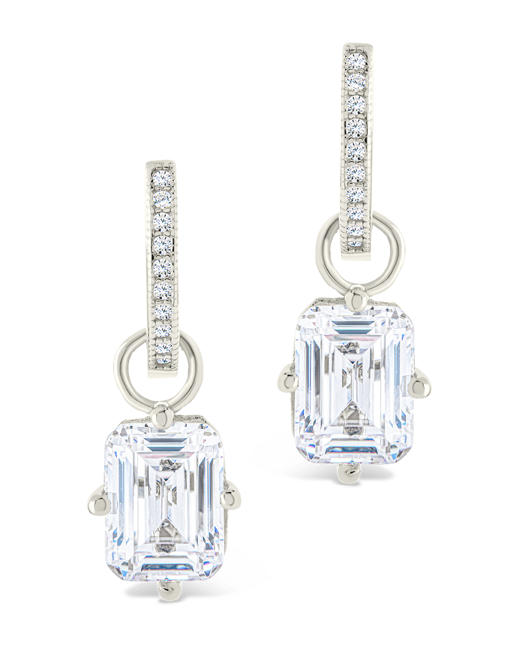 Sterling Silver Emerald Cut CZ Micro Hoop Dangle Earrings