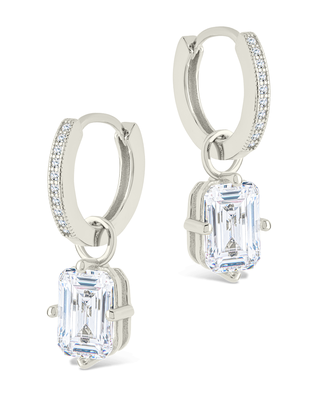 Sterling Silver Emerald Cut CZ Micro Hoop Dangle Earrings