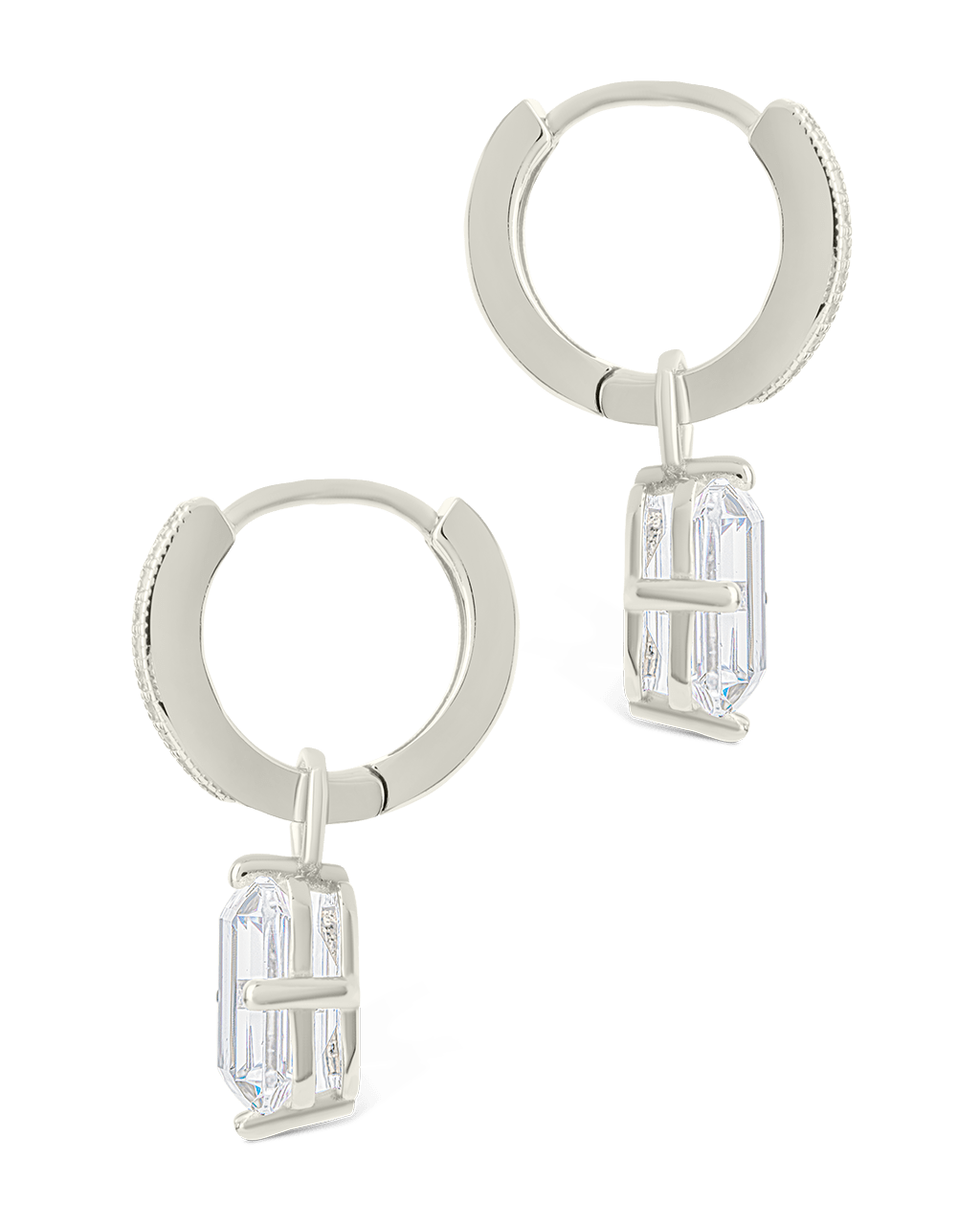 Sterling Silver Emerald Cut CZ Micro Hoop Dangle Earrings