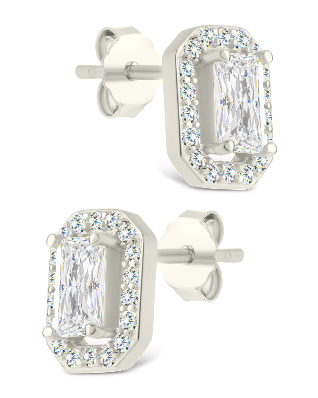 Sterling Silver Emerald Cut Brilliant Halo Studs