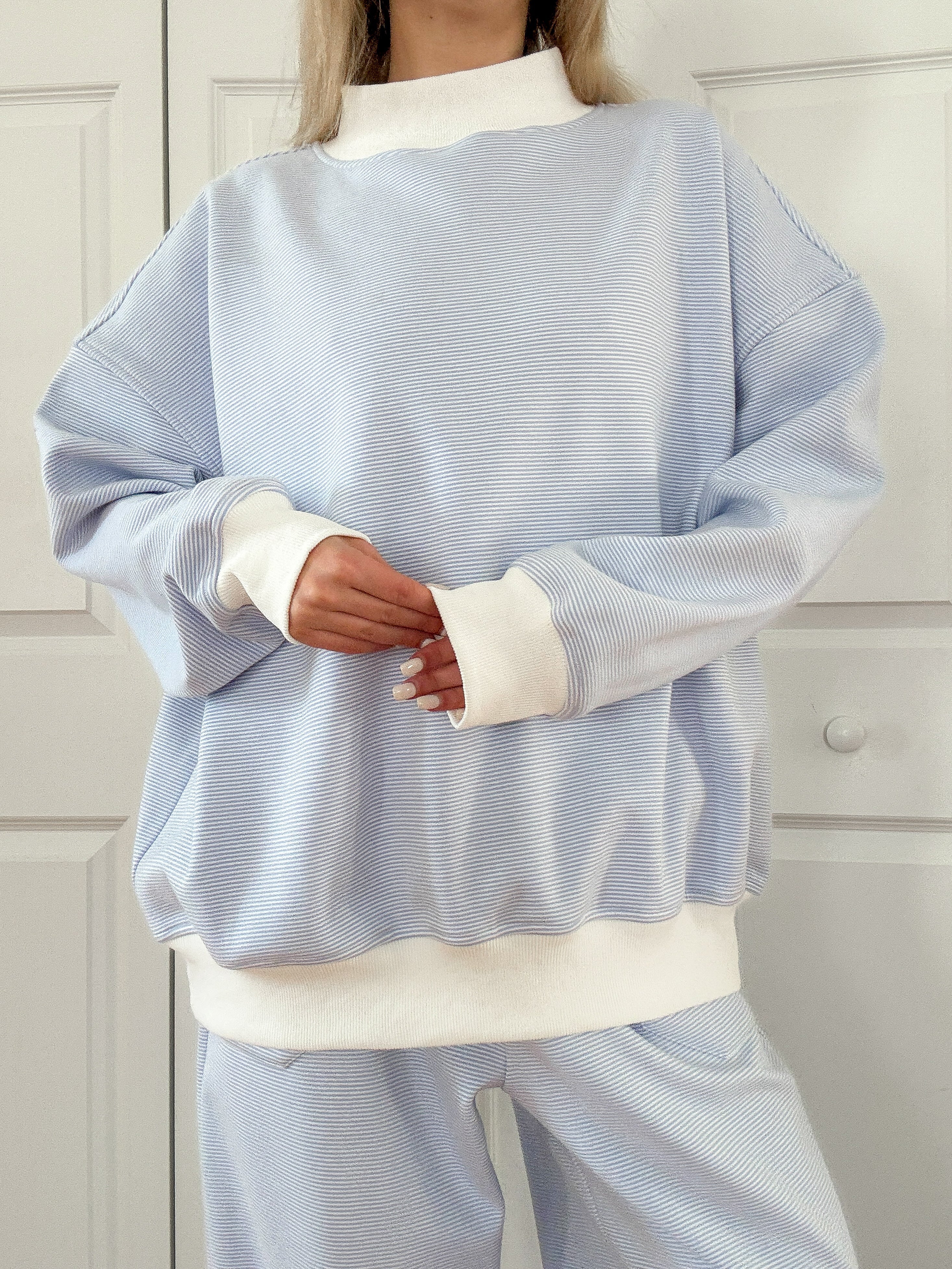 Blue and White Mini Striped Mockneck Sweatshirt