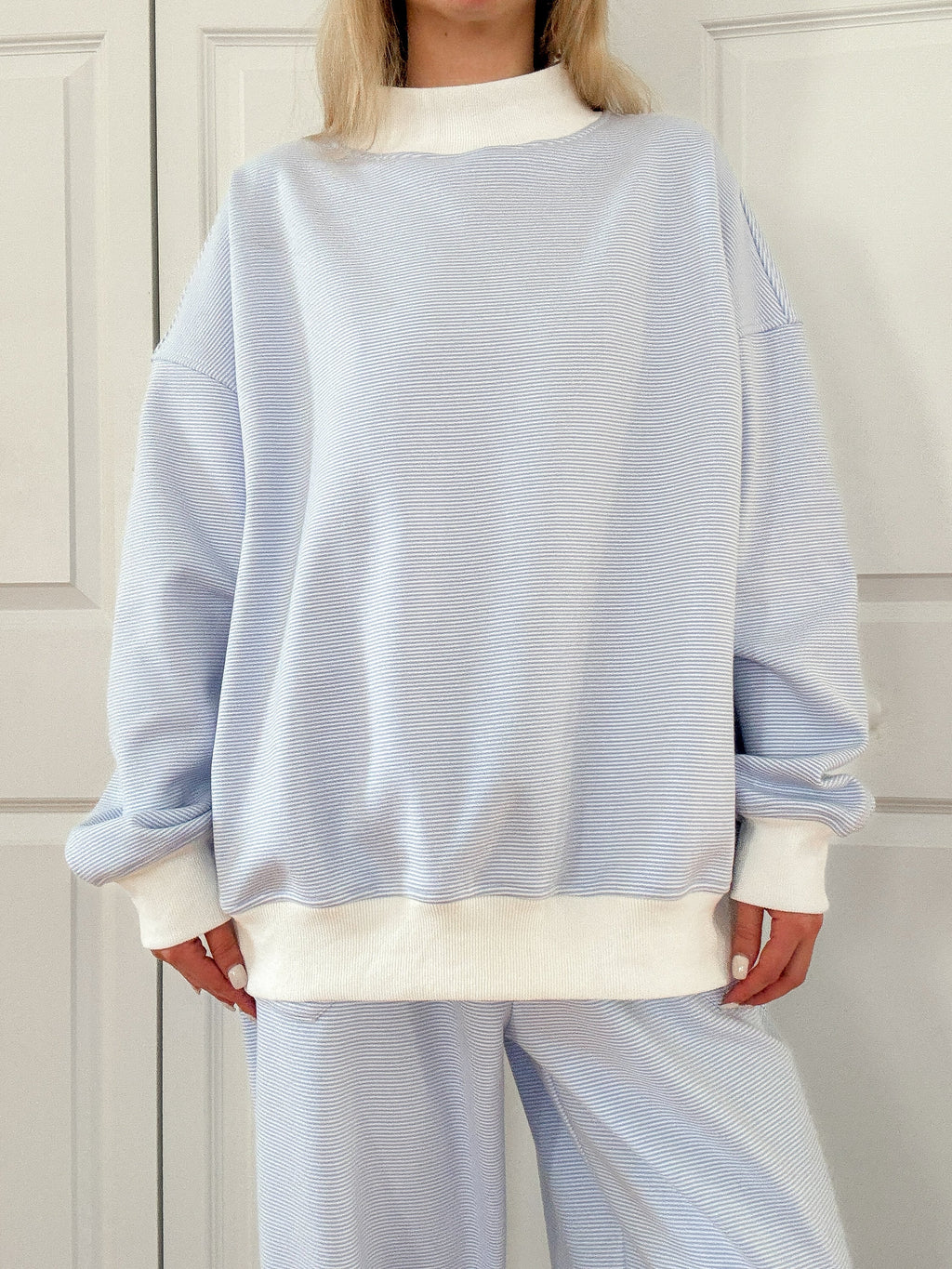Blue and White Mini Striped Mockneck Sweatshirt