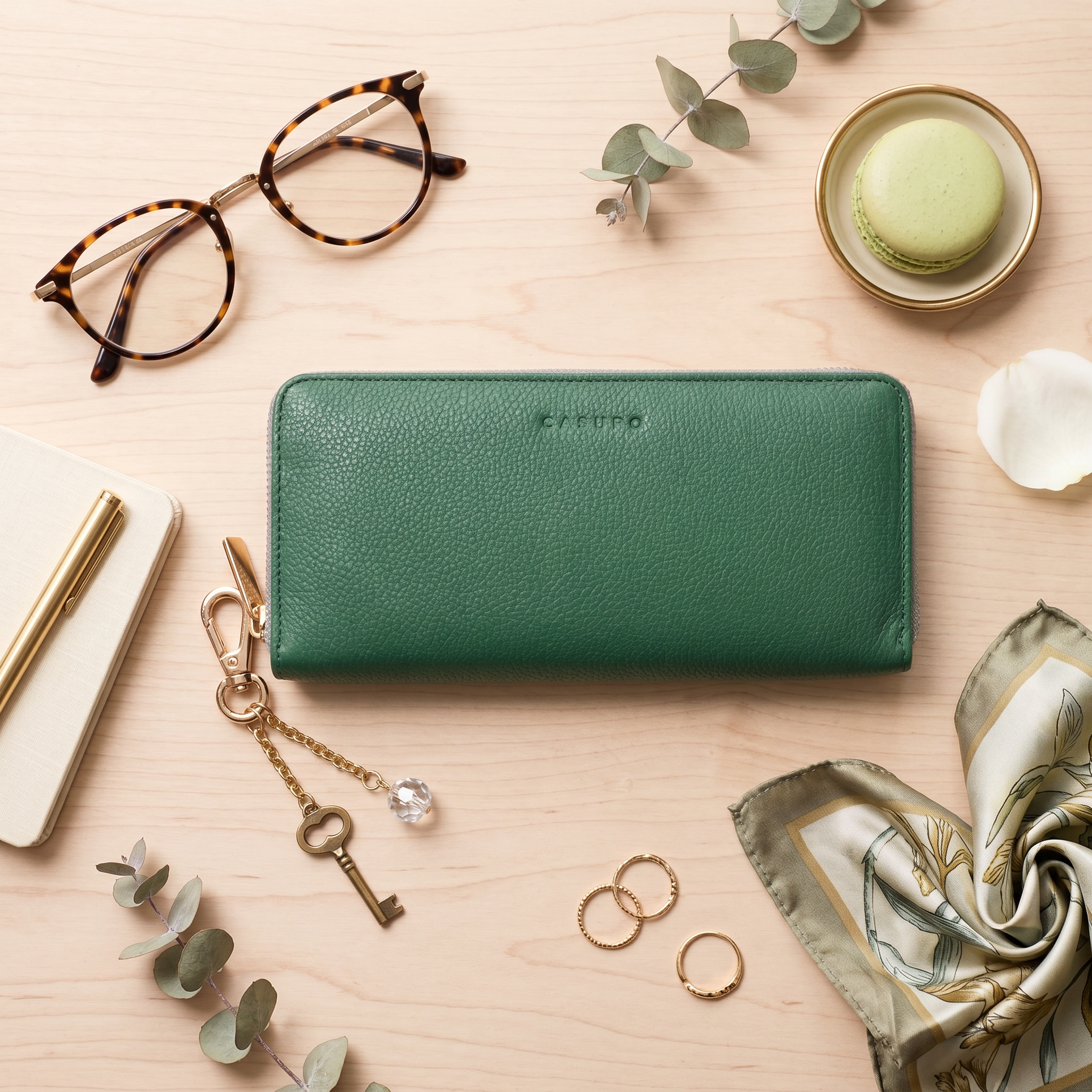 Large Zipper Wallet with Detachable Key Ring - Green