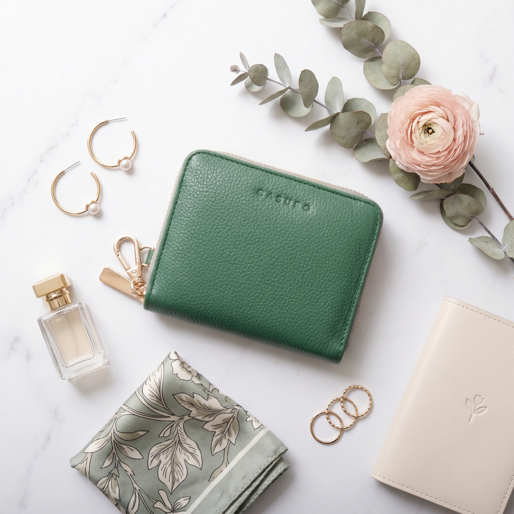 Small Zipper Wallet with Detachable Key Ring - Green