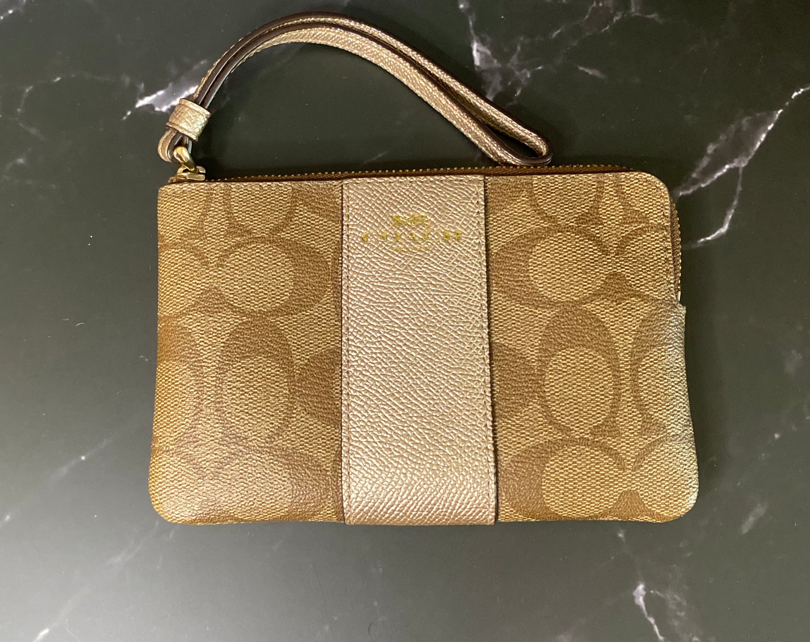 Coach Corner Zip Wristlet – Signature Canvas with Gold Stripe