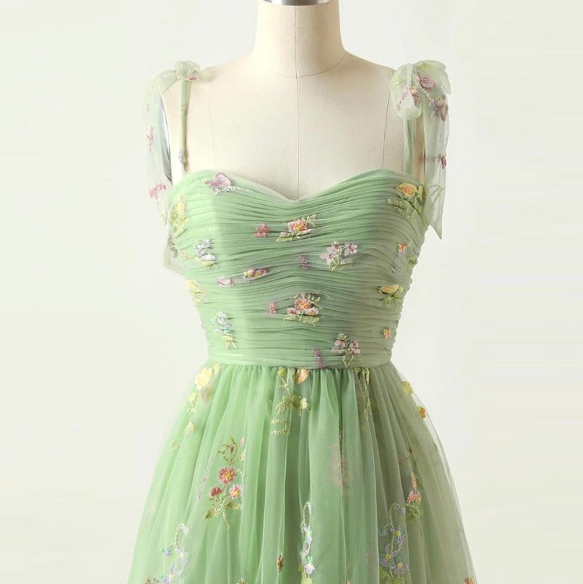Sage Green Floral Embroidered Tulle Mini Dress
