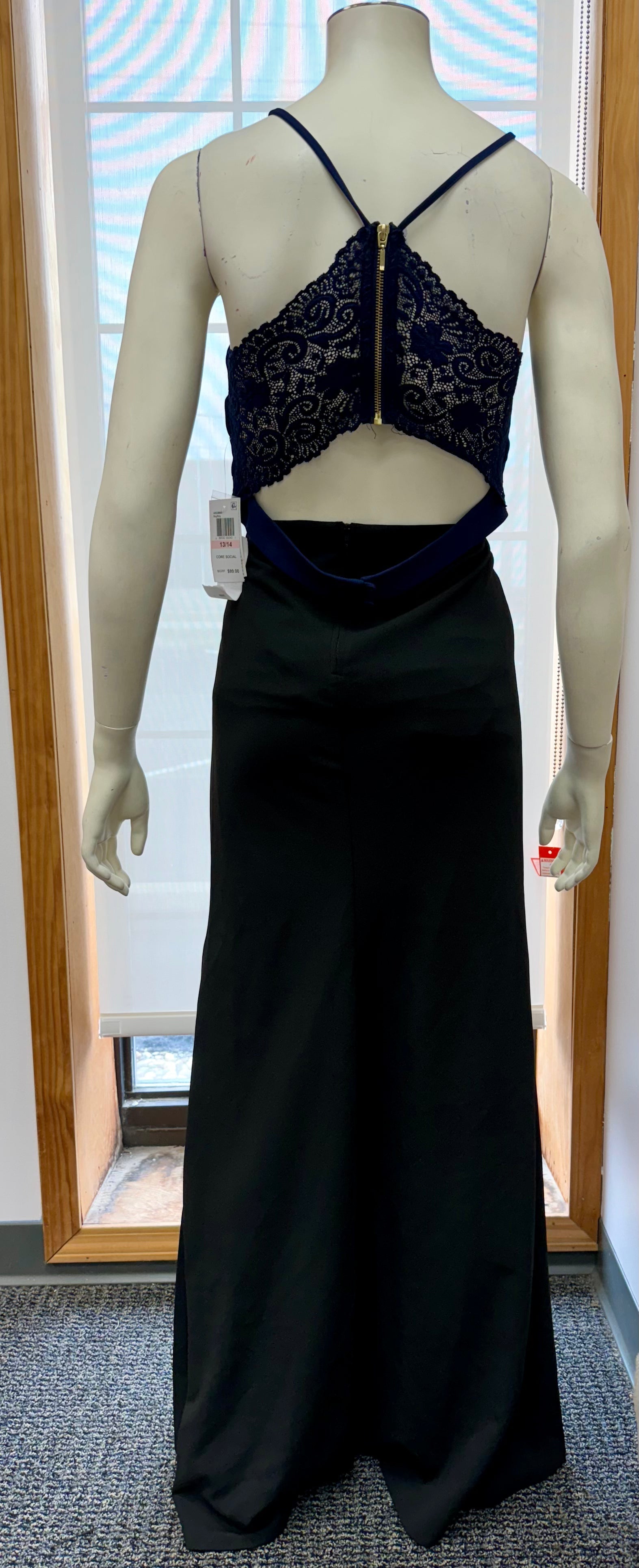 B Darlin Juniors 2-PC. Lace-Back Slit Gown ? Navy/Black Size 13/14