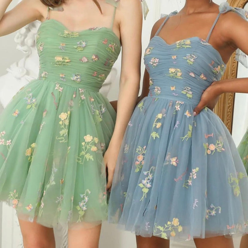 Sage Green Floral Embroidered Tulle Mini Dress