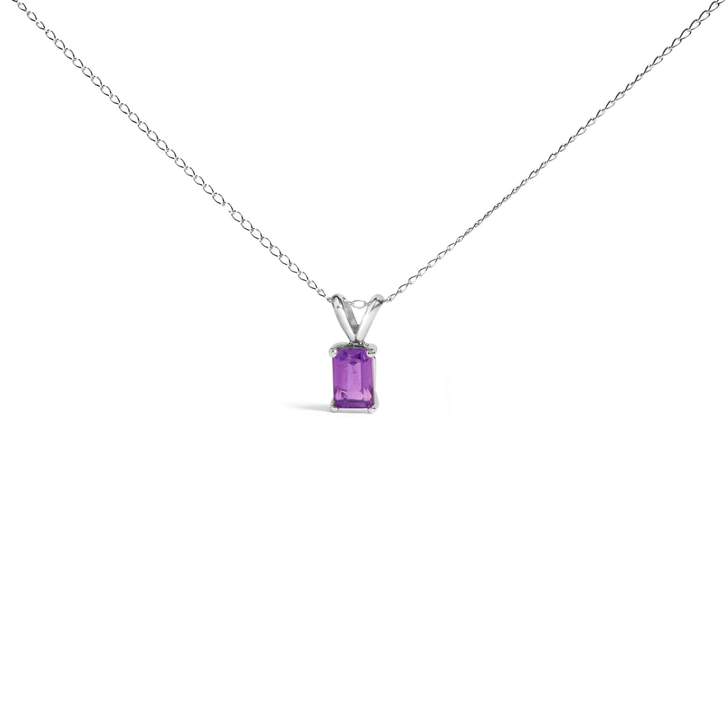 14K White Gold 6x4MM Emerald Cut Purple Amethyst Solitaire Pendant Necklace
