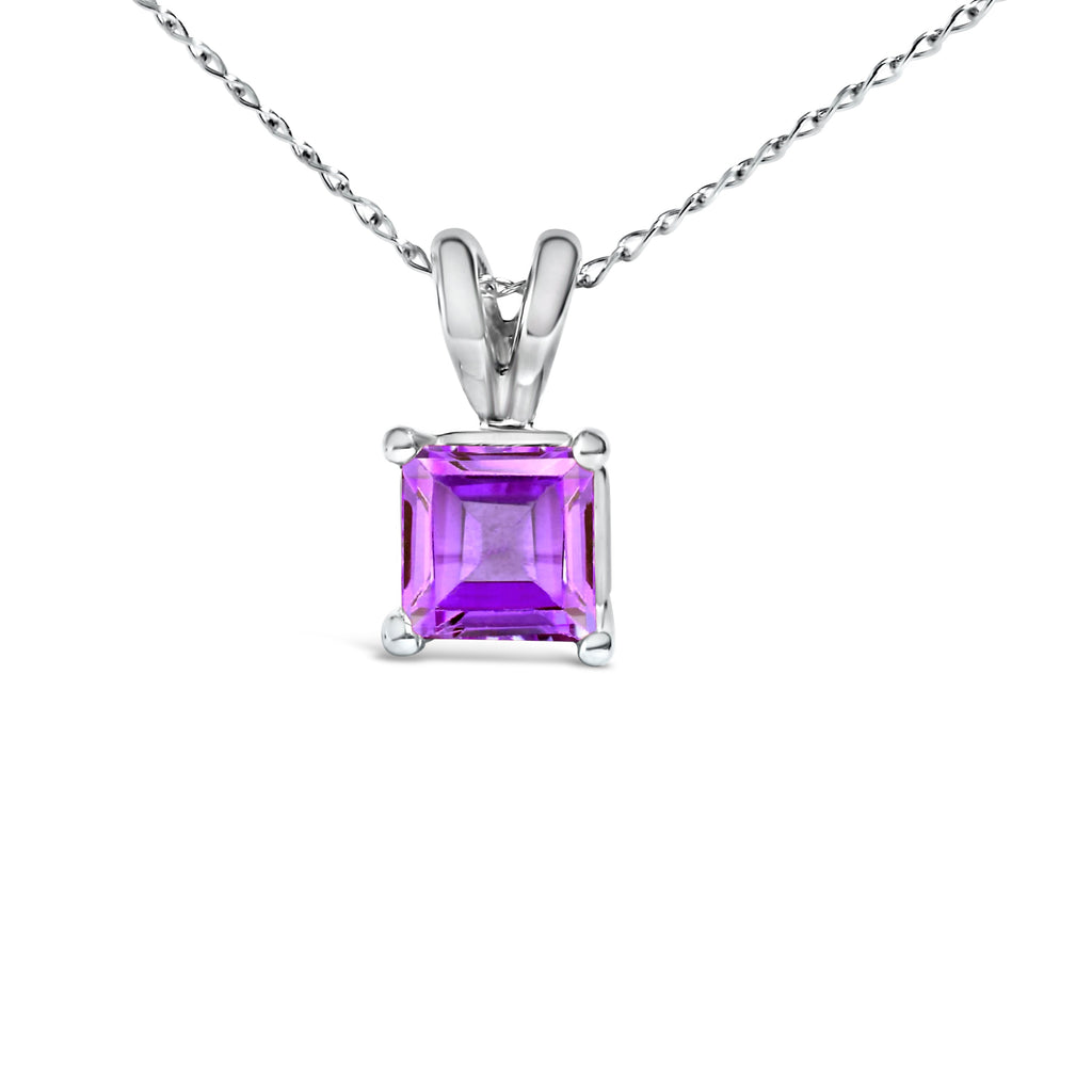 14K White Gold 5x5 MM Square Shaped Purple Amethyst Solitaire Pendant Necklace