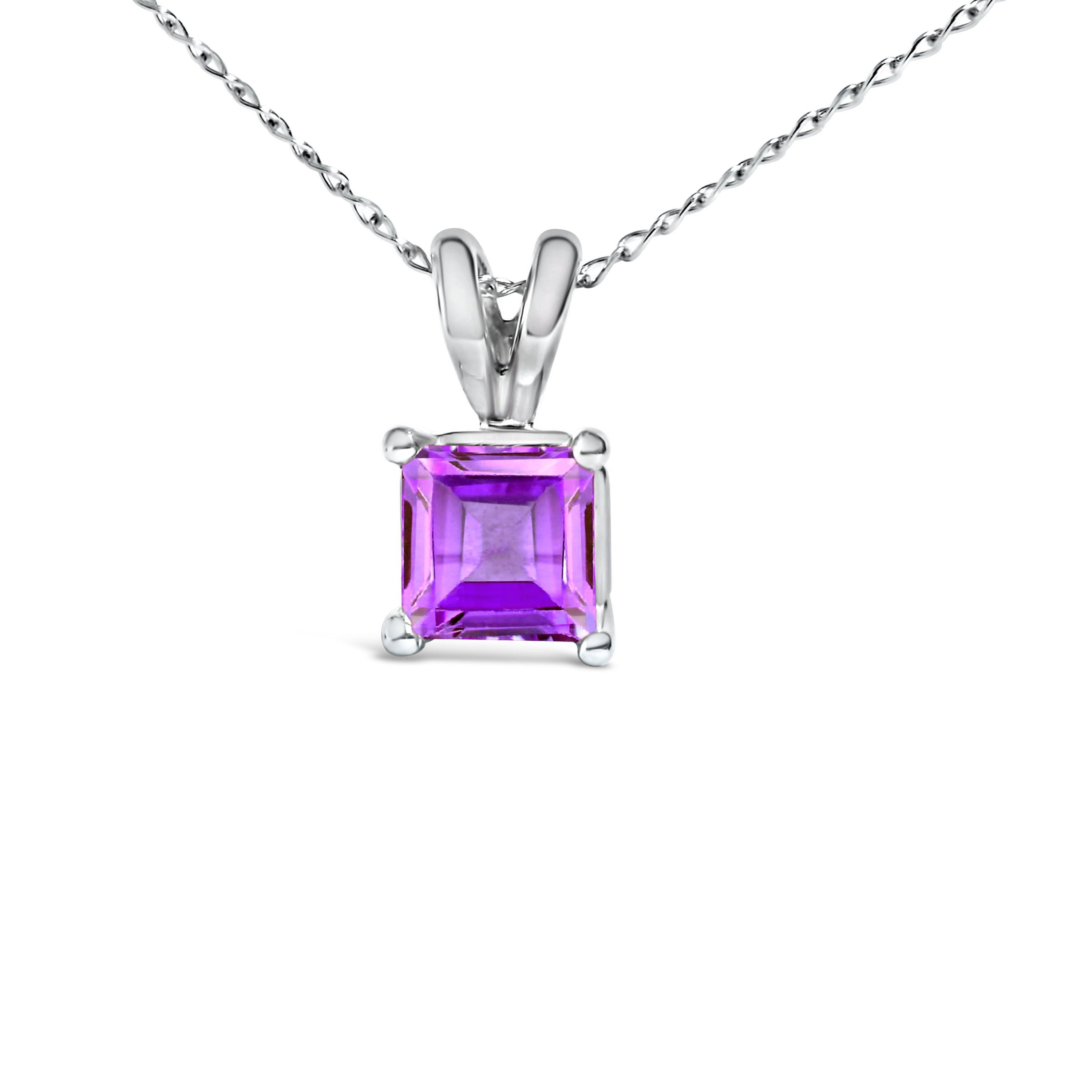 14K White Gold 5x5 MM Square Shaped Purple Amethyst Solitaire Pendant Necklace
