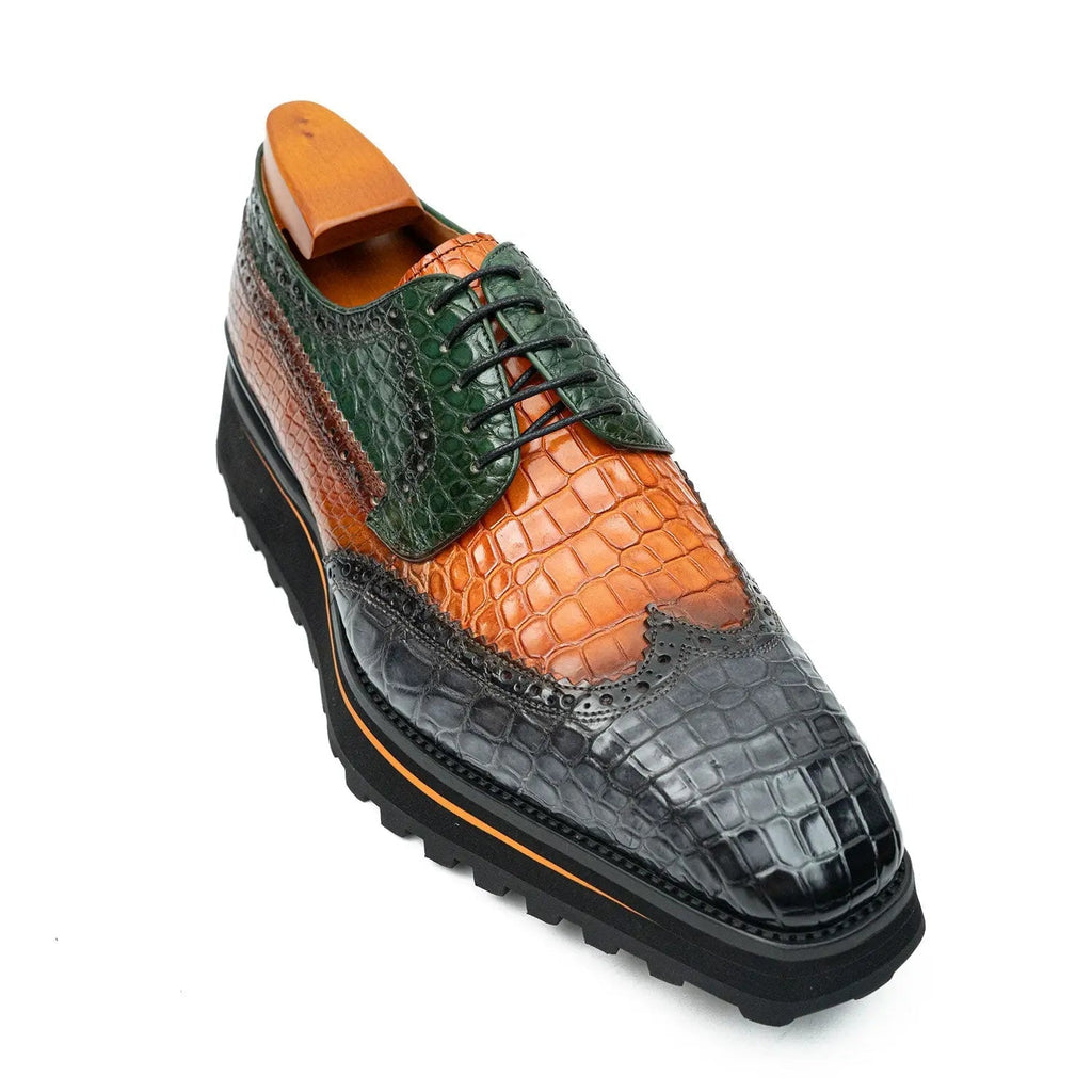Genuine Crocodile Leather Handmade Grey Brown Brogue Shoes
