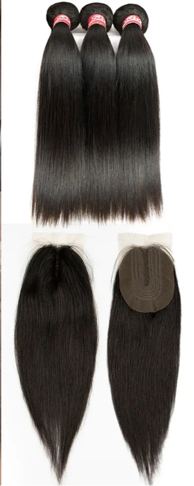 Brazilian Straight Human Hair Bundles with 2x4 Lace Closure | 3 Bundles & Closure Set