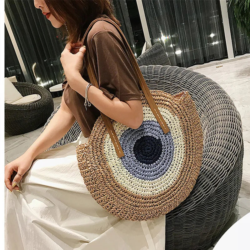 Large Capacity Round Women's Fashionable Straw Woven Shoulder Bag | Handmade Summer Beach Travel Holiday Women Tote Bags