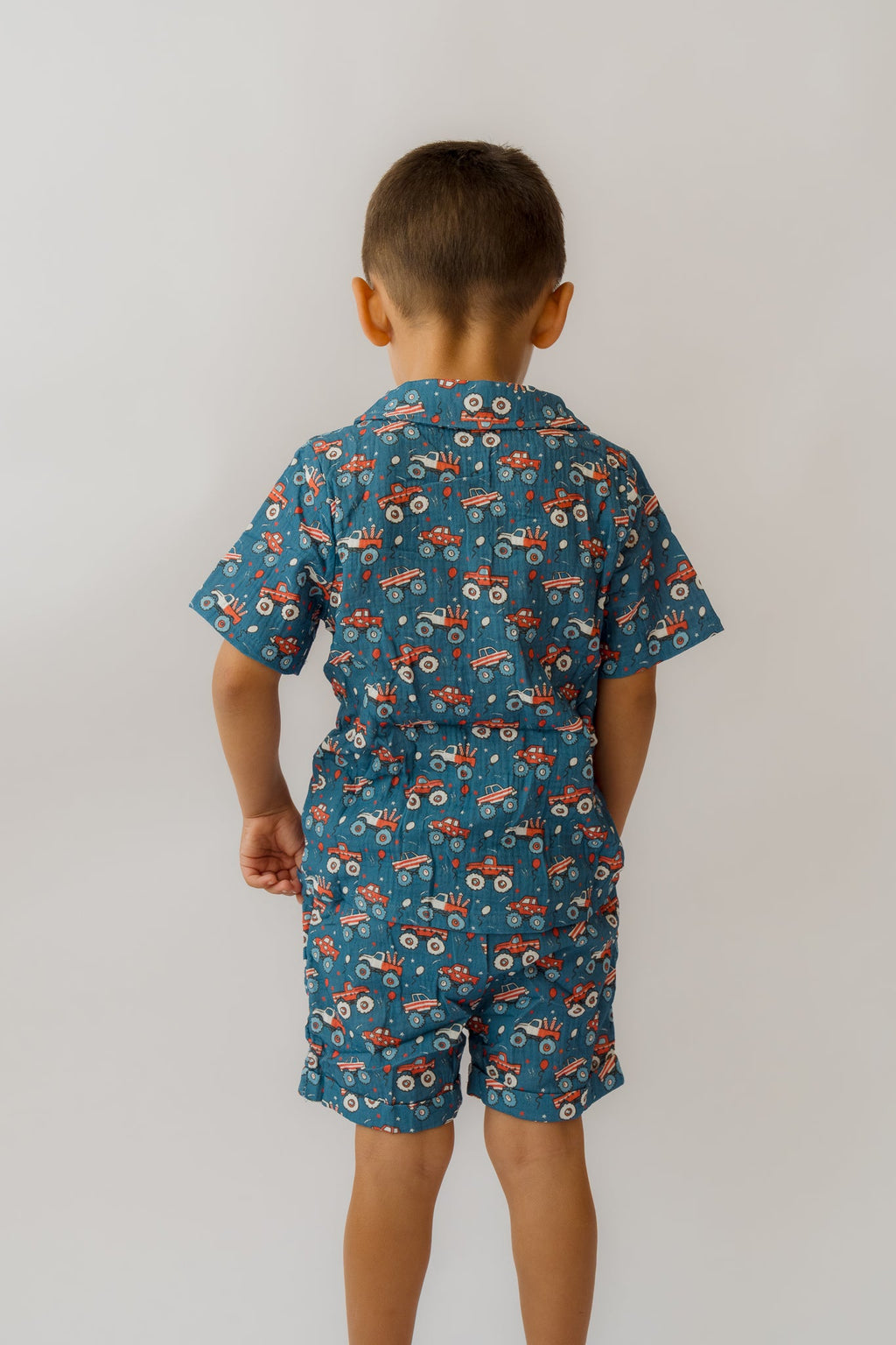Fireworks & Trucks Muslin Button Up + Short Set