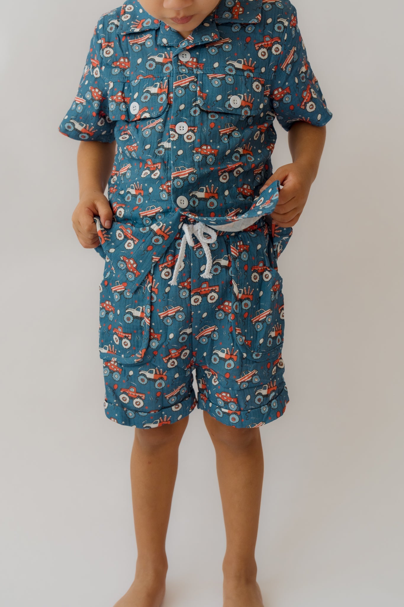 Fireworks & Trucks Muslin Button Up + Short Set