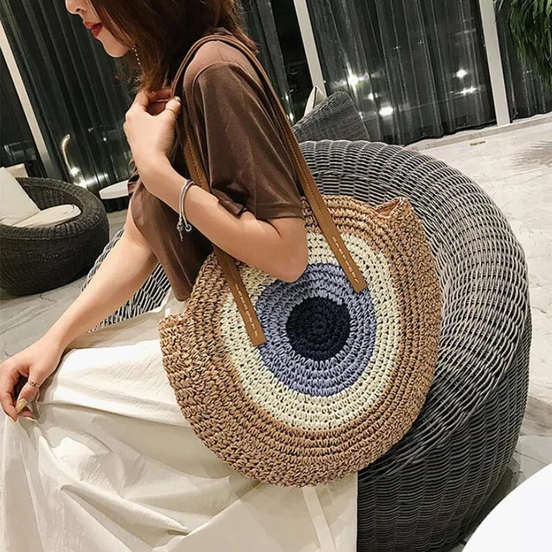 Large Capacity Round Women's Fashionable Straw Woven Shoulder Bag | Handmade Summer Beach Travel Holiday Women Tote Bags