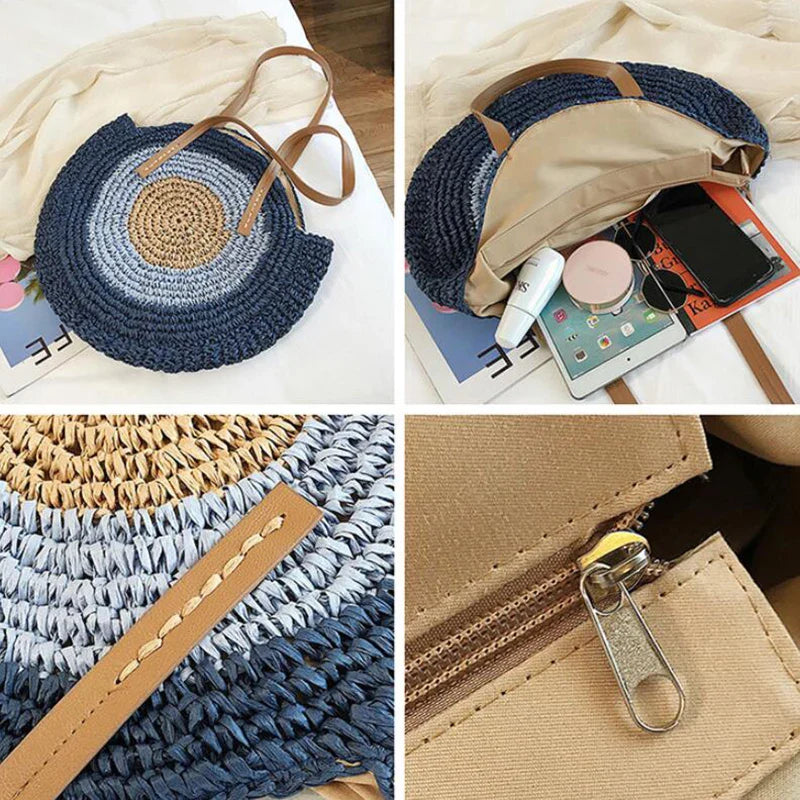 Large Capacity Round Women's Fashionable Straw Woven Shoulder Bag | Handmade Summer Beach Travel Holiday Women Tote Bags