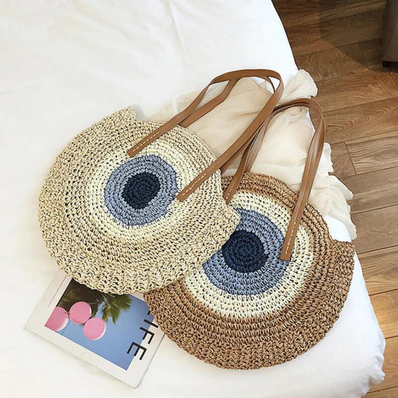 Large Capacity Round Women's Fashionable Straw Woven Shoulder Bag | Handmade Summer Beach Travel Holiday Women Tote Bags