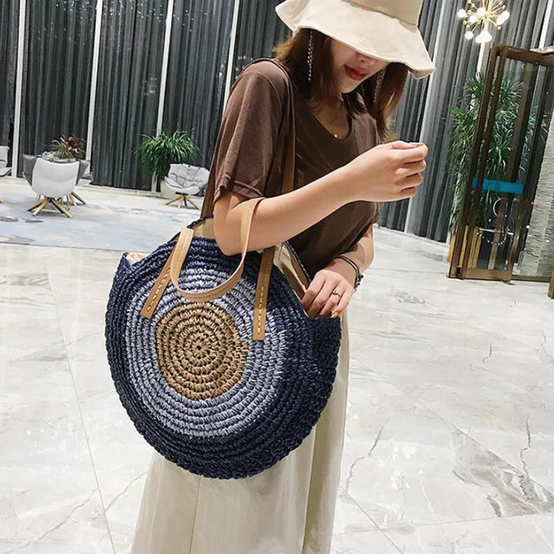 Large Capacity Round Women's Fashionable Straw Woven Shoulder Bag | Handmade Summer Beach Travel Holiday Women Tote Bags