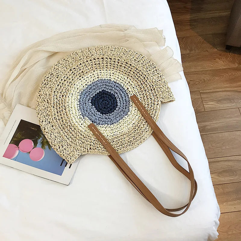 Large Capacity Round Women's Fashionable Straw Woven Shoulder Bag | Handmade Summer Beach Travel Holiday Women Tote Bags