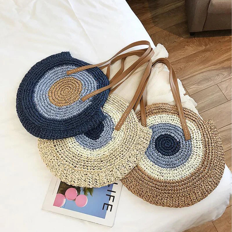 Large Capacity Round Women's Fashionable Straw Woven Shoulder Bag | Handmade Summer Beach Travel Holiday Women Tote Bags