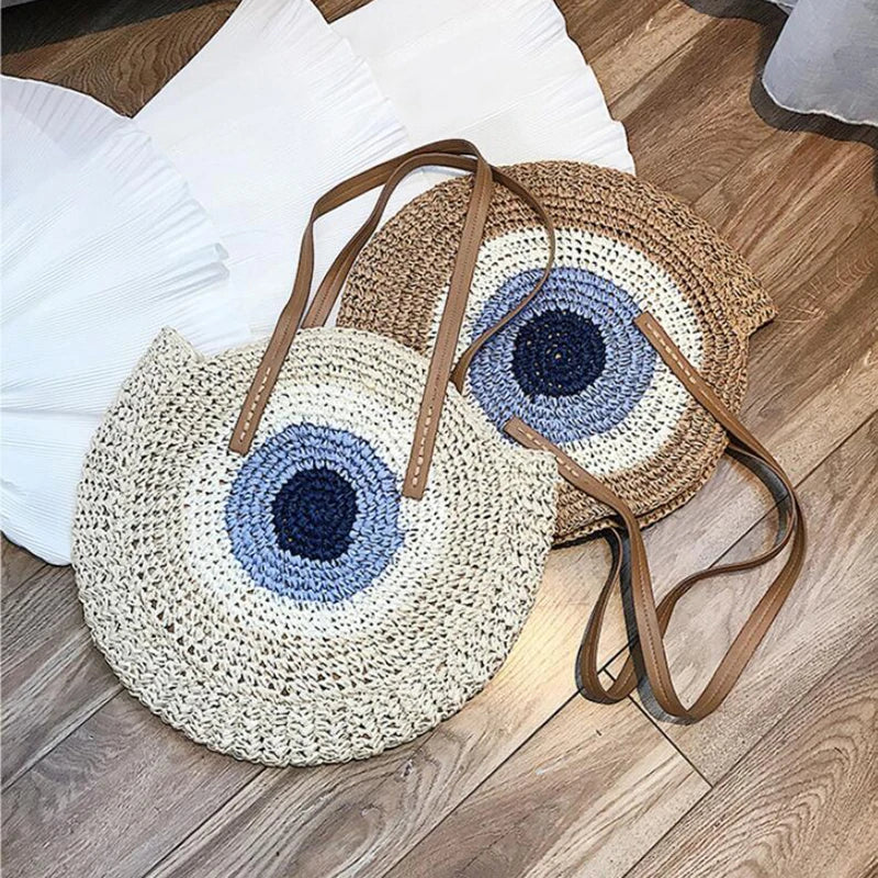 Large Capacity Round Women's Fashionable Straw Woven Shoulder Bag | Handmade Summer Beach Travel Holiday Women Tote Bags