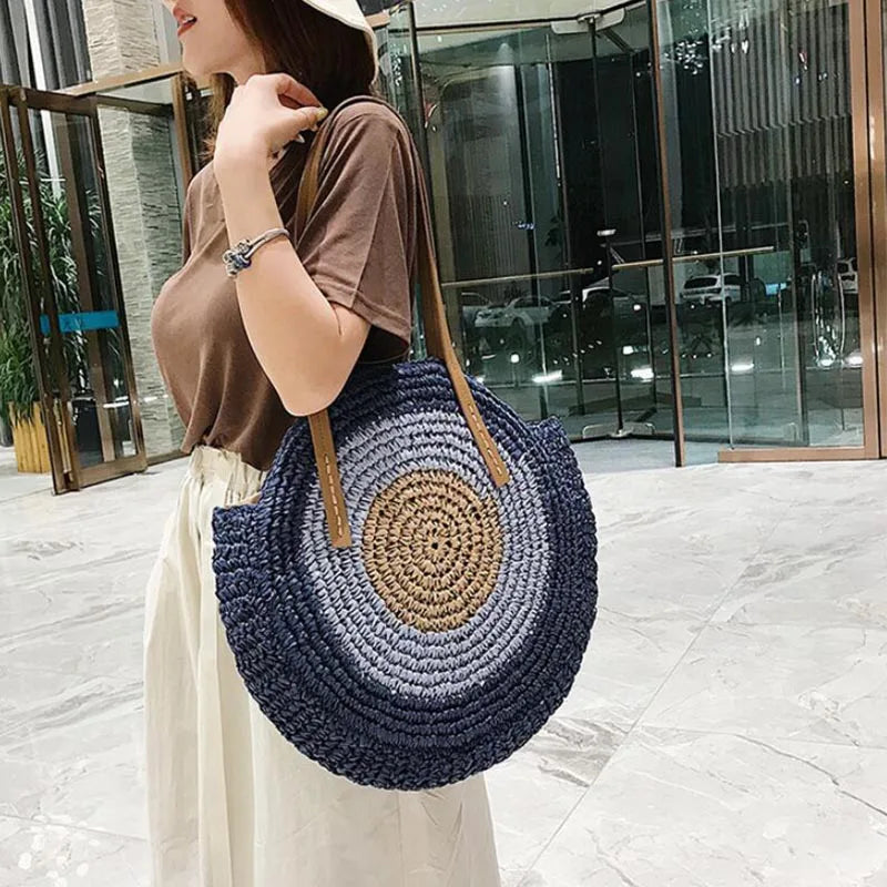 Large Capacity Round Women's Fashionable Straw Woven Shoulder Bag | Handmade Summer Beach Travel Holiday Women Tote Bags