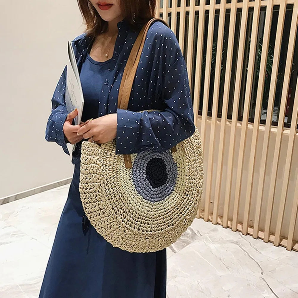 Large Capacity Round Women's Fashionable Straw Woven Shoulder Bag | Handmade Summer Beach Travel Holiday Women Tote Bags
