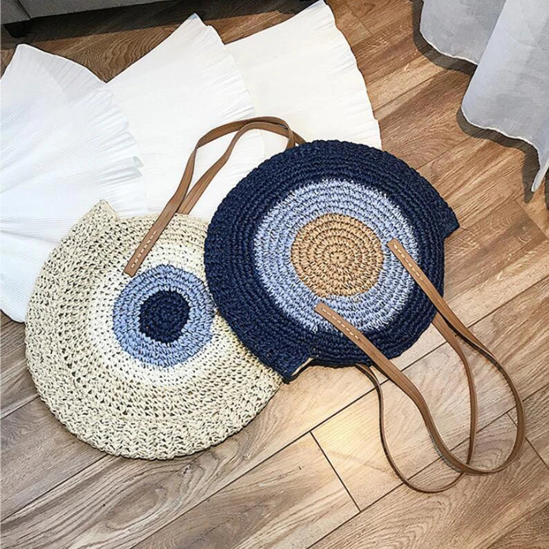 Large Capacity Round Women's Fashionable Straw Woven Shoulder Bag | Handmade Summer Beach Travel Holiday Women Tote Bags