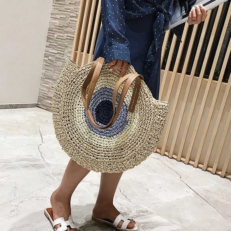 Large Capacity Round Women's Fashionable Straw Woven Shoulder Bag | Handmade Summer Beach Travel Holiday Women Tote Bags
