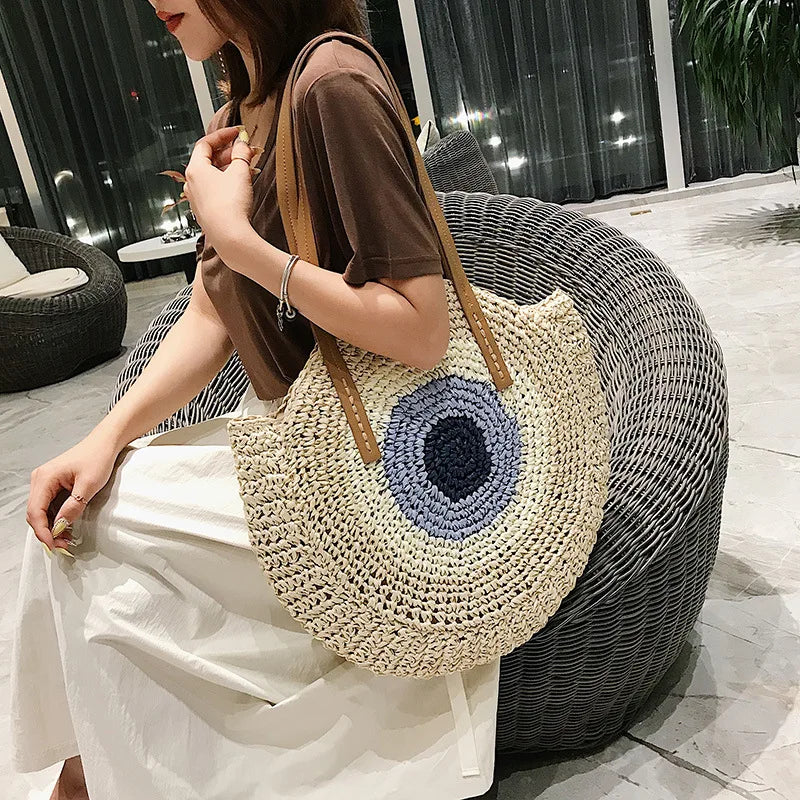 Large Capacity Round Women's Fashionable Straw Woven Shoulder Bag | Handmade Summer Beach Travel Holiday Women Tote Bags